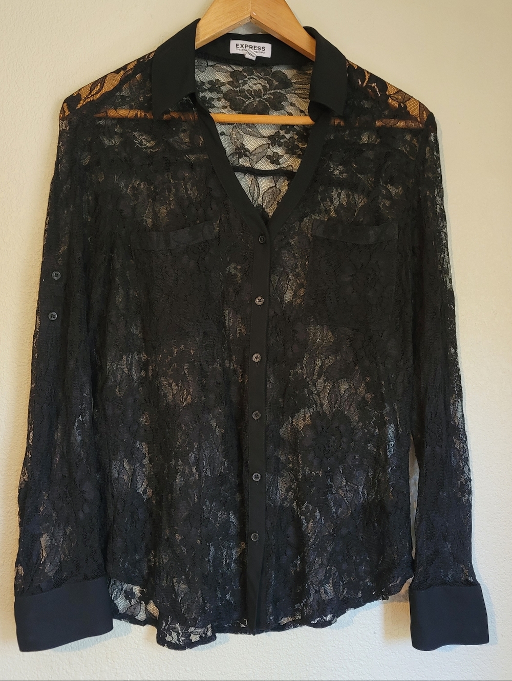 Express Sheer Black Lace Button-Down Shirt